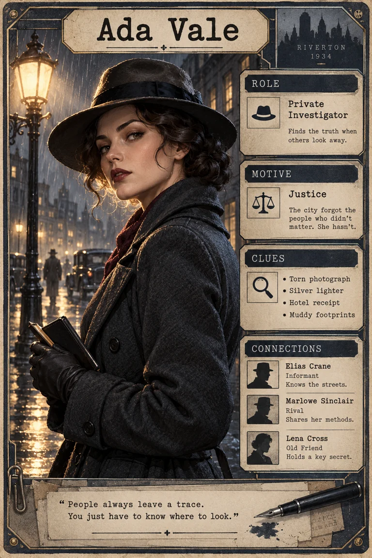 Noir-Detektivin mit Notizbuch, Motivation und Beziehungen