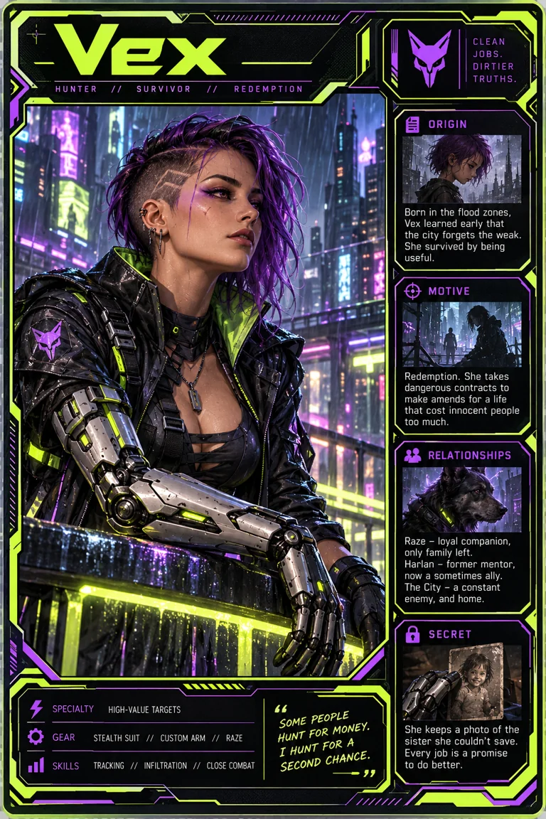 Cyberpunk-Kopfgeldjägerin mit Armprothese und Wunsch nach Wiedergutmachung