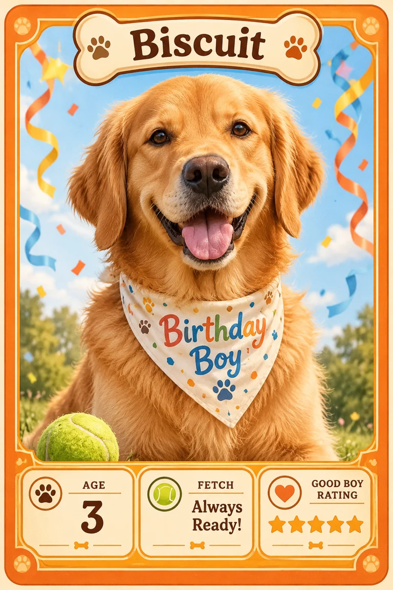 Golden retriever con pañuelo de cumpleaños y estadísticas de juego