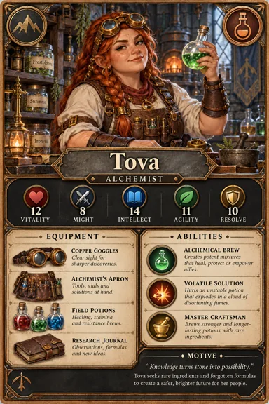 Zwergische Alchemistin mit Rolle, Ausrüstung und Fähigkeiten
