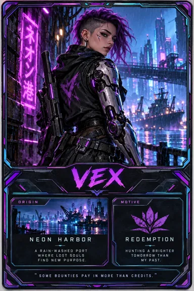 Cyberpunk-Kopfgeldjägerin mit Armprothese und Wunsch nach Wiedergutmachung