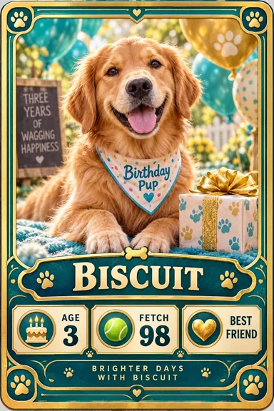 Golden retriever con pañuelo de cumpleaños y estadísticas de juego