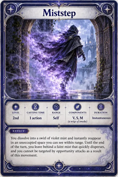 Conjuro de teletransporte violeta con lanzamiento, alcance y duración